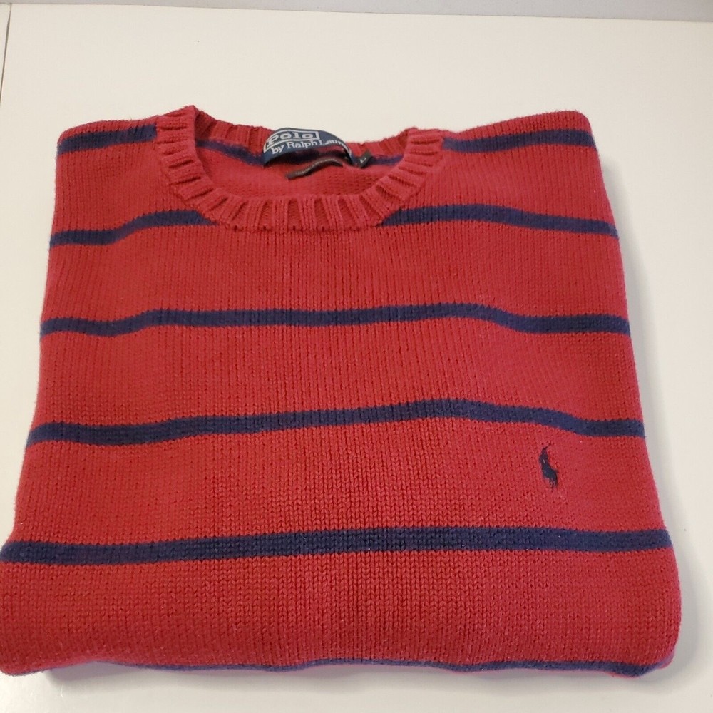 Polo Ralph Lauren Mens Sweater Red Navy Blue Striped Cotton Long Sleeve Knit L